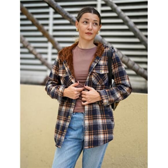 Womens Plaid Shacket Jacket Long Sleeve Fleece Hooded Jackets Fall - Picture 2 of 6
